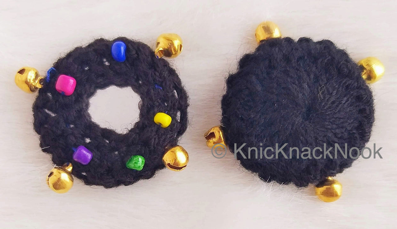 Circle Shaped Mirrored Applique With Jingle Bell Beads And Multicoloured Beads, Bohemian Applique, Summer Applique