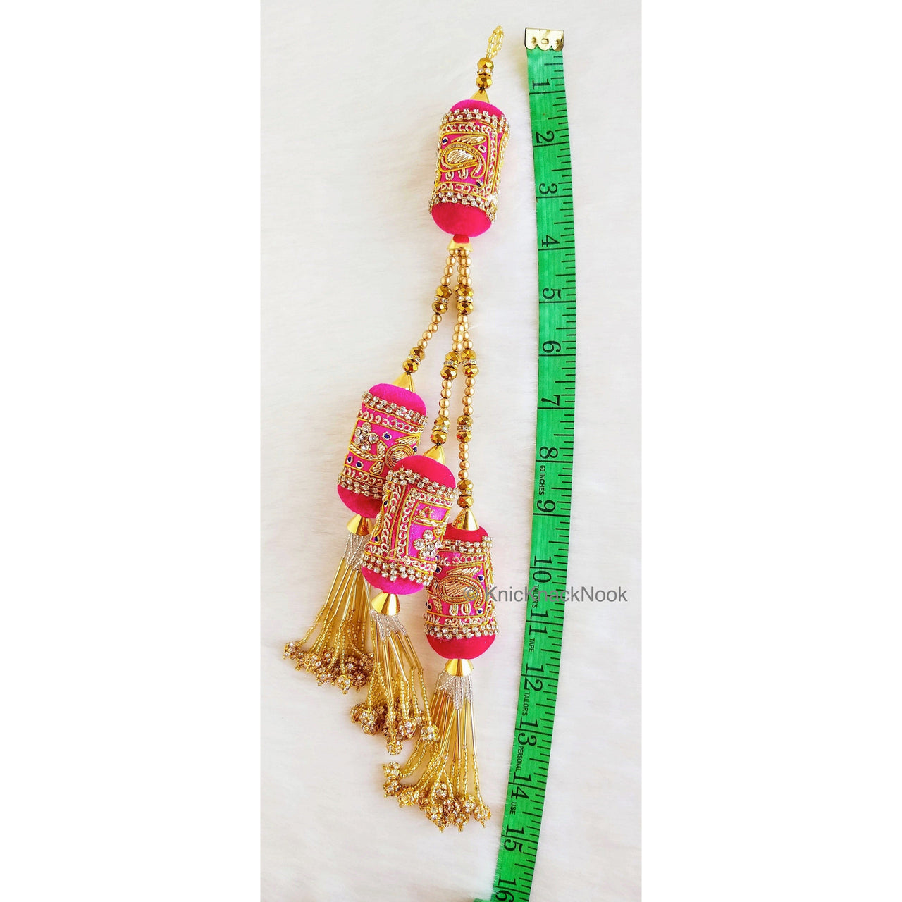 Velvet Fabric Bolster Tassels In Antique Gold Zardozi Embroidery, Rhinestones & Pearls, Indian Embellishment
