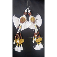 Thumbnail for White Tassels With White Acrylic And Brown Wood Button In Kundan Stones, Wood Beads, Pearls