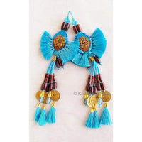 Thumbnail for Cyan Blue Tassels With Blue Acrylic And Brown Wood Button In Kundan Stones, Wood Beads, Pearls
