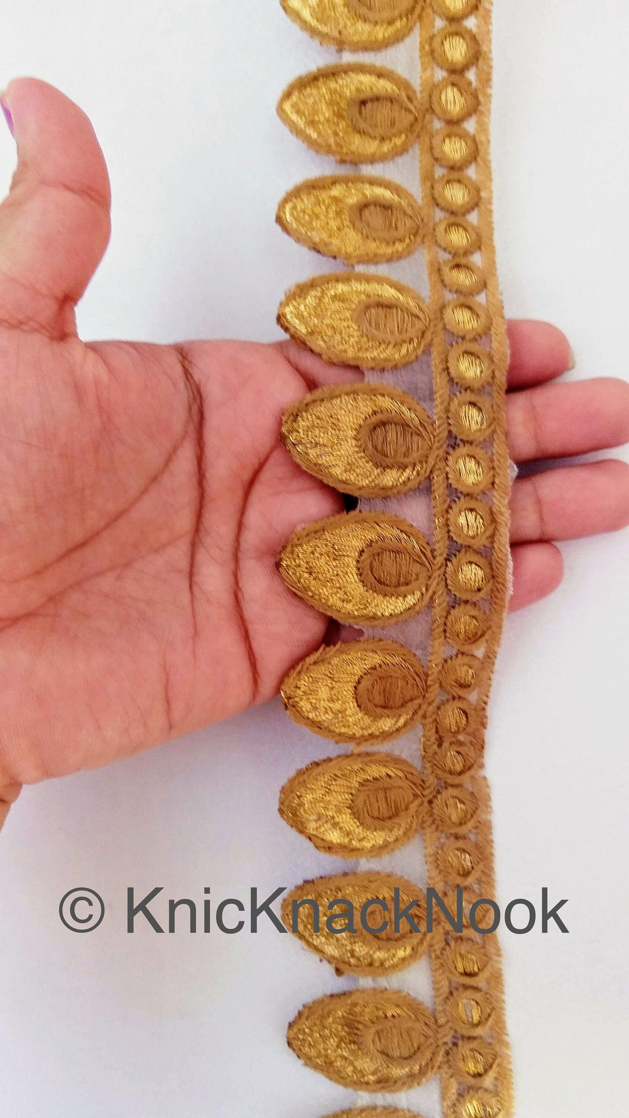 Off White Tissue Fabric Cutwork Embroidered Lace Trim With Off White / Brown and Gold Embroidery, Approx. 45mm Wide, One yard Lace