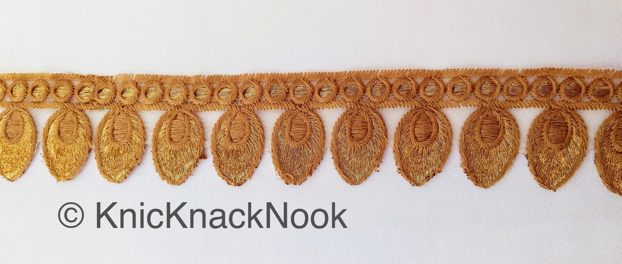 Off White Tissue Fabric Cutwork Embroidered Lace Trim With Off White / Brown and Gold Embroidery, Approx. 45mm Wide, One yard Lace