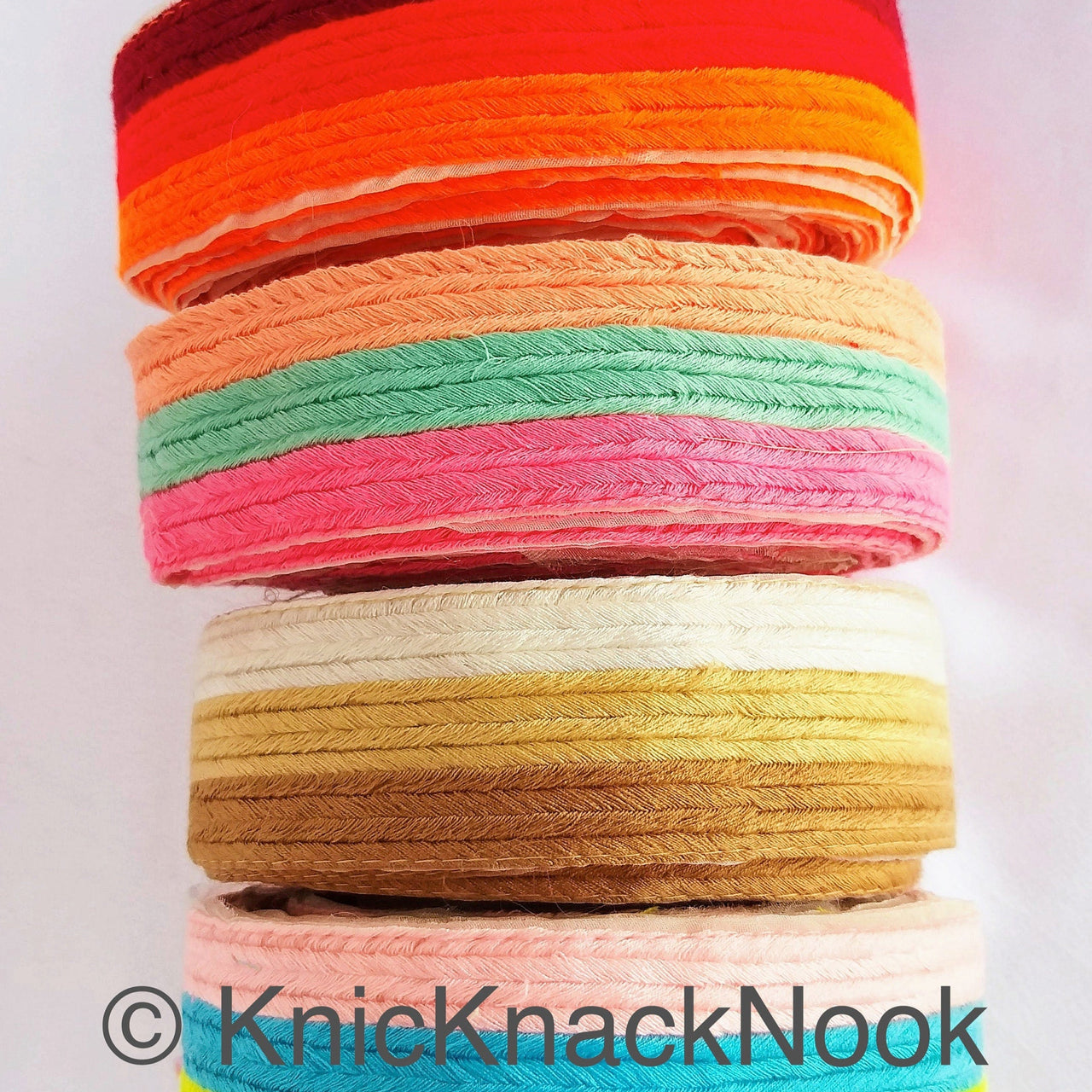 Pink, Blue And Yellow Thread Stripes Trim, Cotton Embroidered Trim