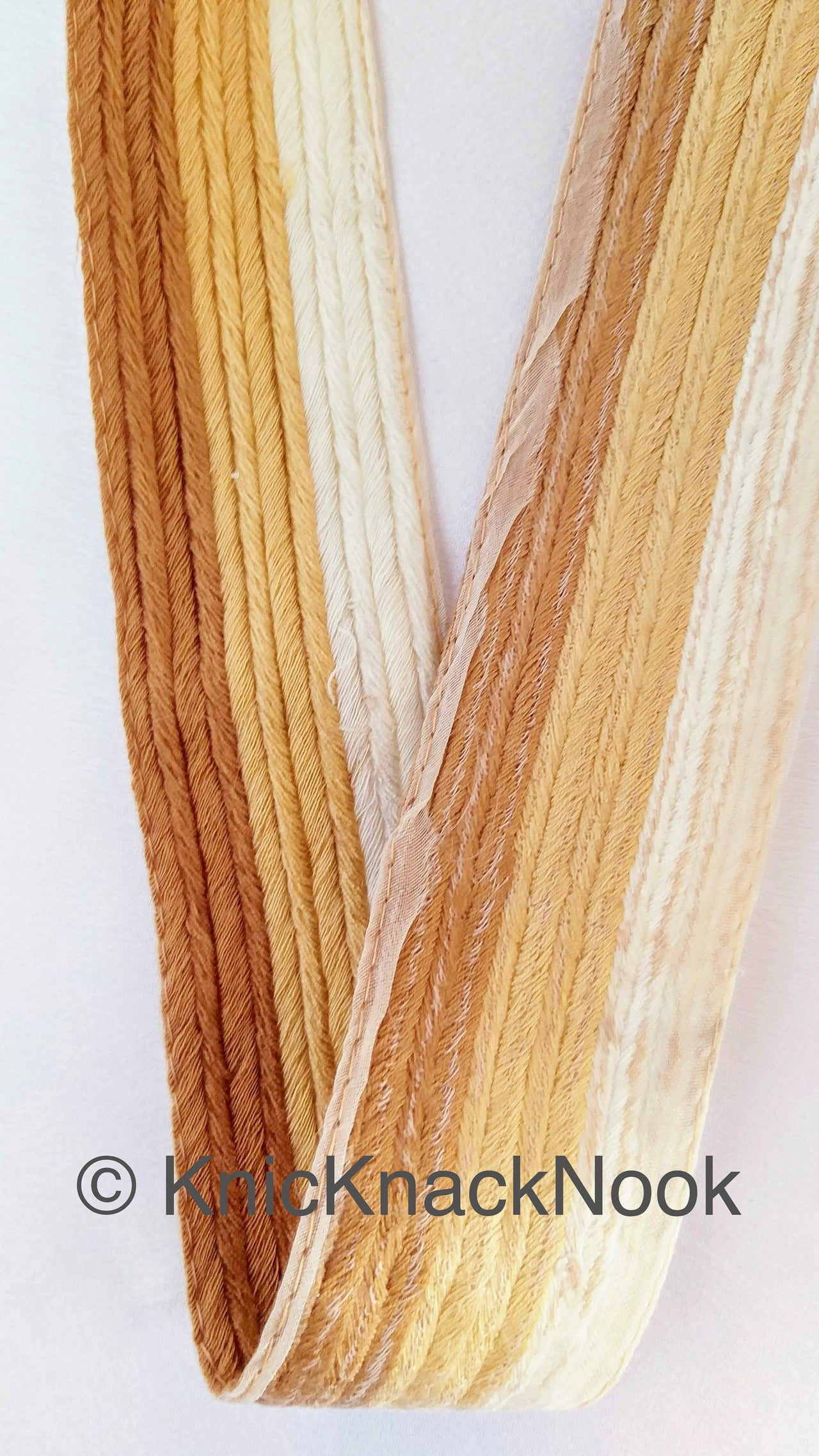 Off White And Brown Thread Stripes Trim, Cotton Embroidered Trim, One Yard Lace Trim