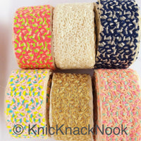 Thumbnail for Beige Sheer Tissue Fabric Trim With Cotton Thread Embroidery In Tomato Red, Green And Nude, Fabric Lace