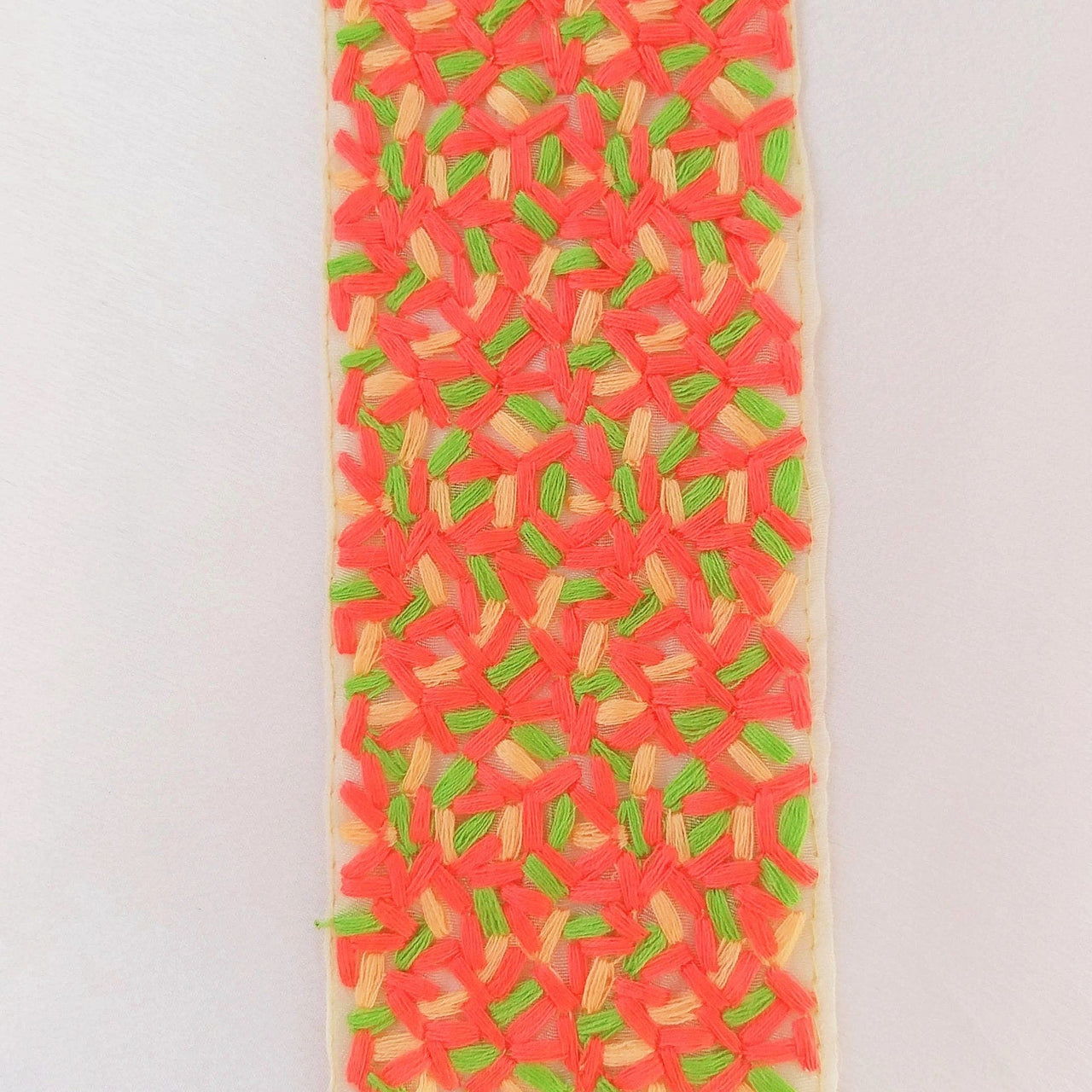 Beige Sheer Tissue Fabric Trim With Cotton Thread Embroidery In Tomato Red, Green And Nude, Fabric Lace