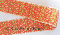 Thumbnail for Beige Sheer Tissue Fabric Trim With Cotton Thread Embroidery In Tomato Red, Green And Nude, Fabric Lace
