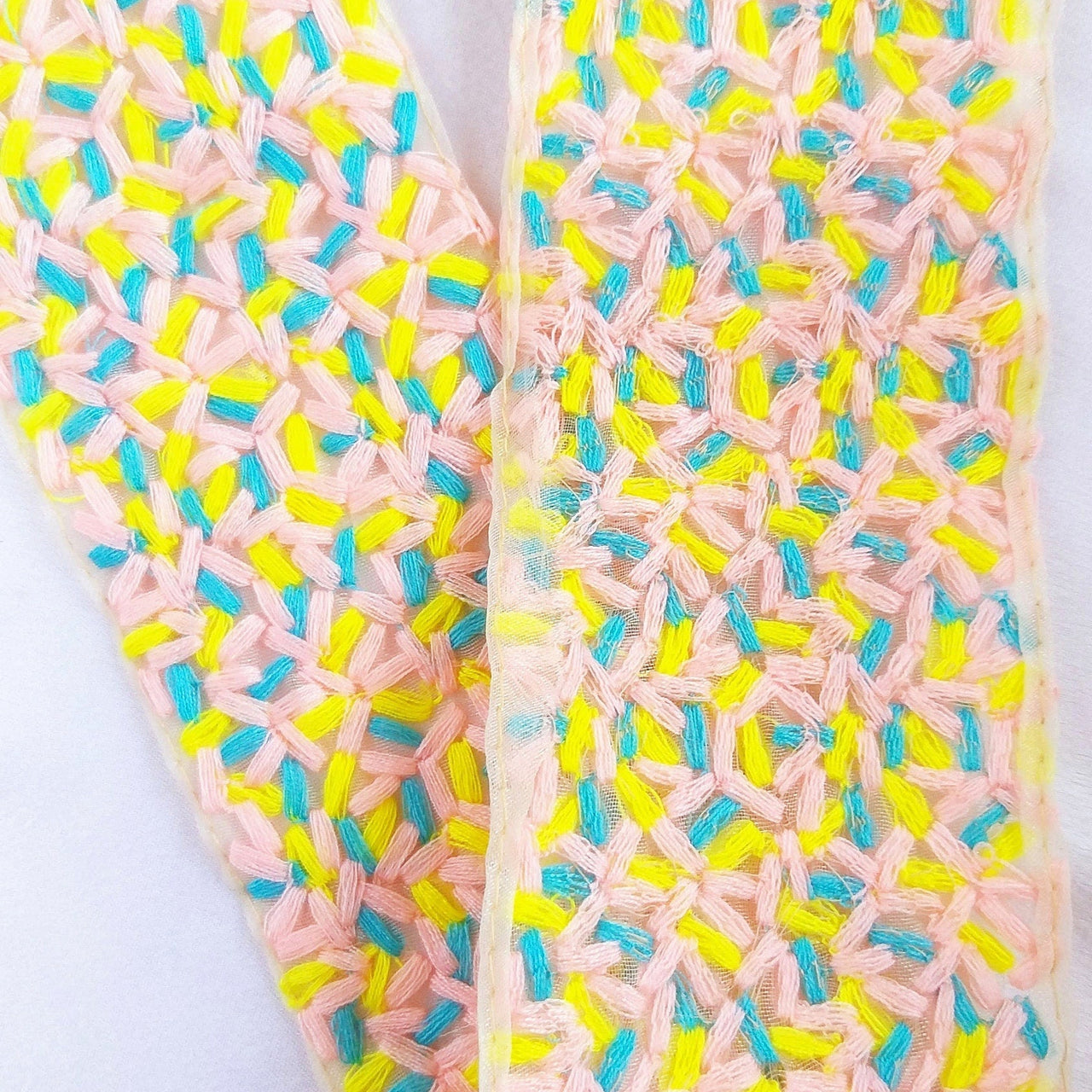 Beige Sheer Tissue Fabric Trim With Cotton Thread Embroidery In Pink, Yellow And Blue, Fabric Lace