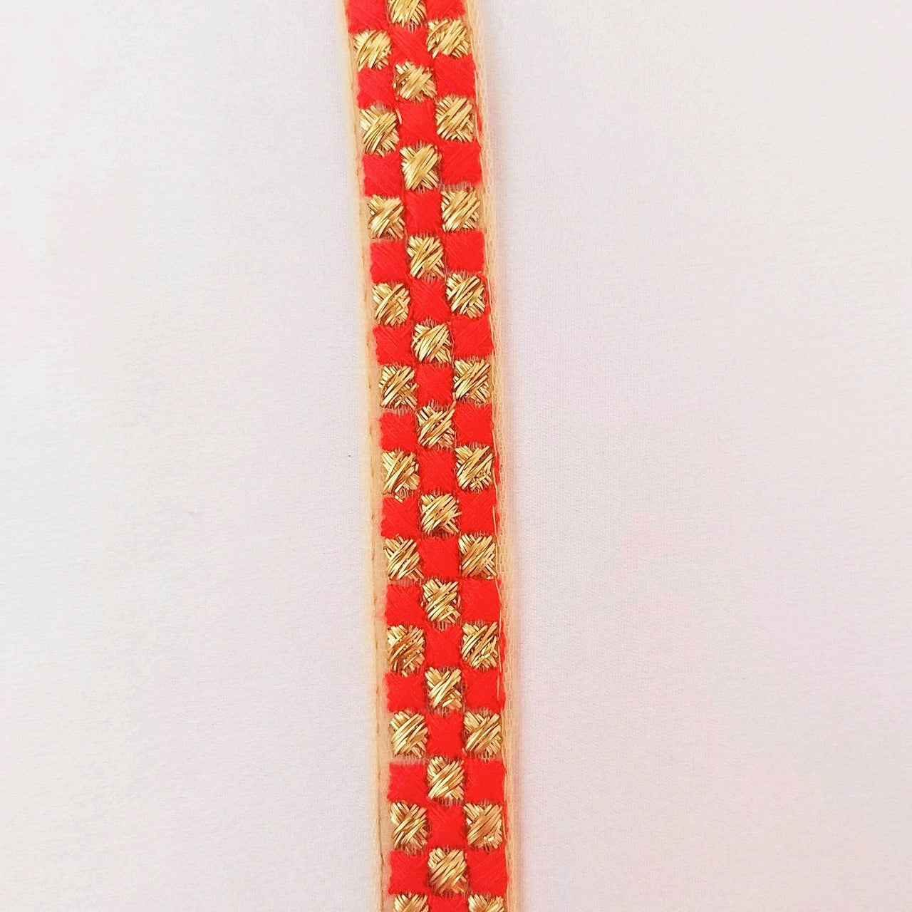 Beige Net Lace Trim With Beautiful Brown / Red And Gold Embroidery, Approx. 20mm wide