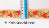 Thumbnail for Beige Net Lace Trim With Beautiful Red / Beige And Gold Floral Embroidery, Embroidered Lace, Approx. 30mm wide