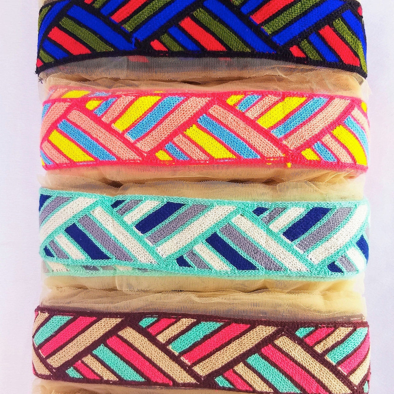 Beige Net With Blue, Red, Cyan And Coral Pink Embroidery