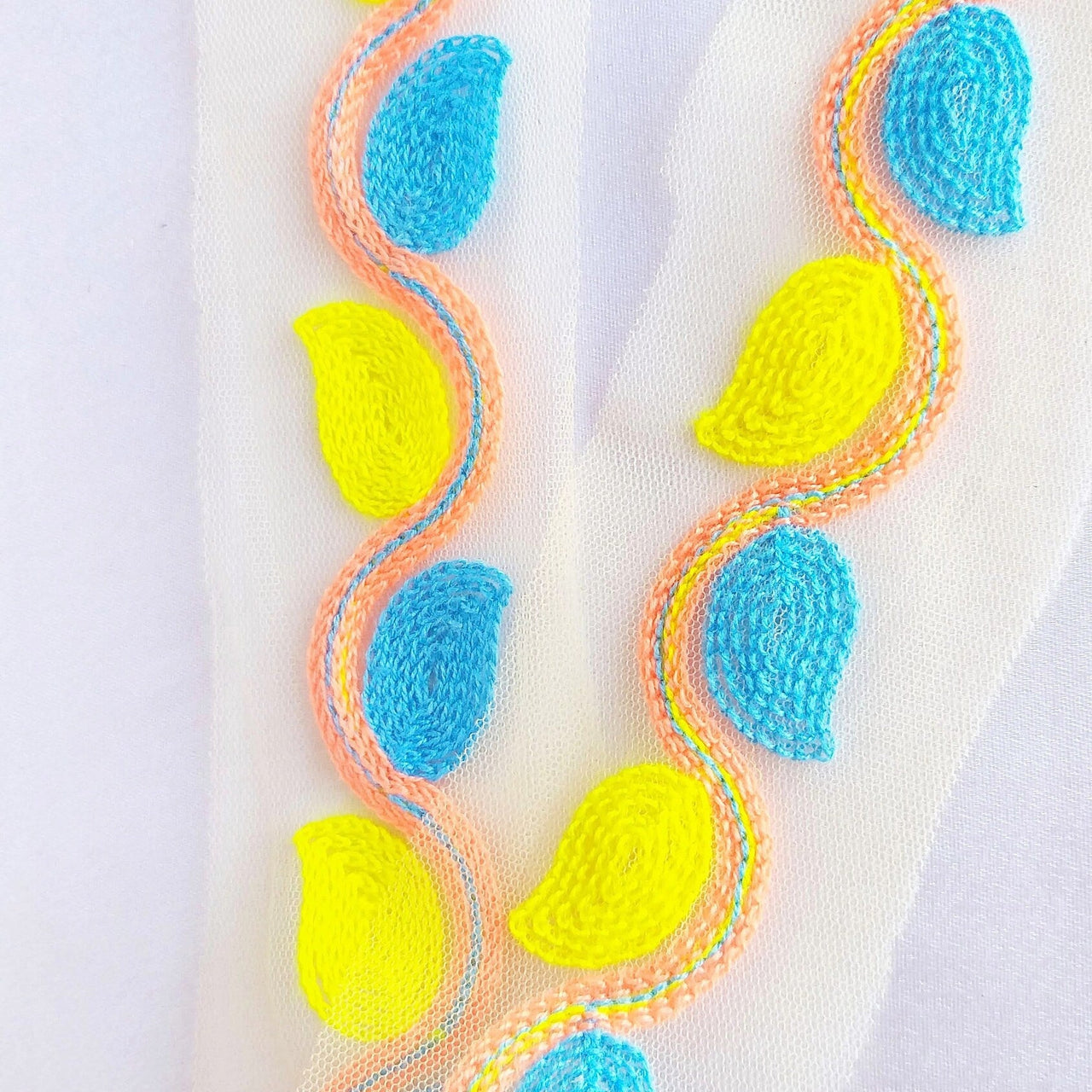 Beige Net With Yellow, Blue And Orange Embroidery, Leaves Pattern Trim