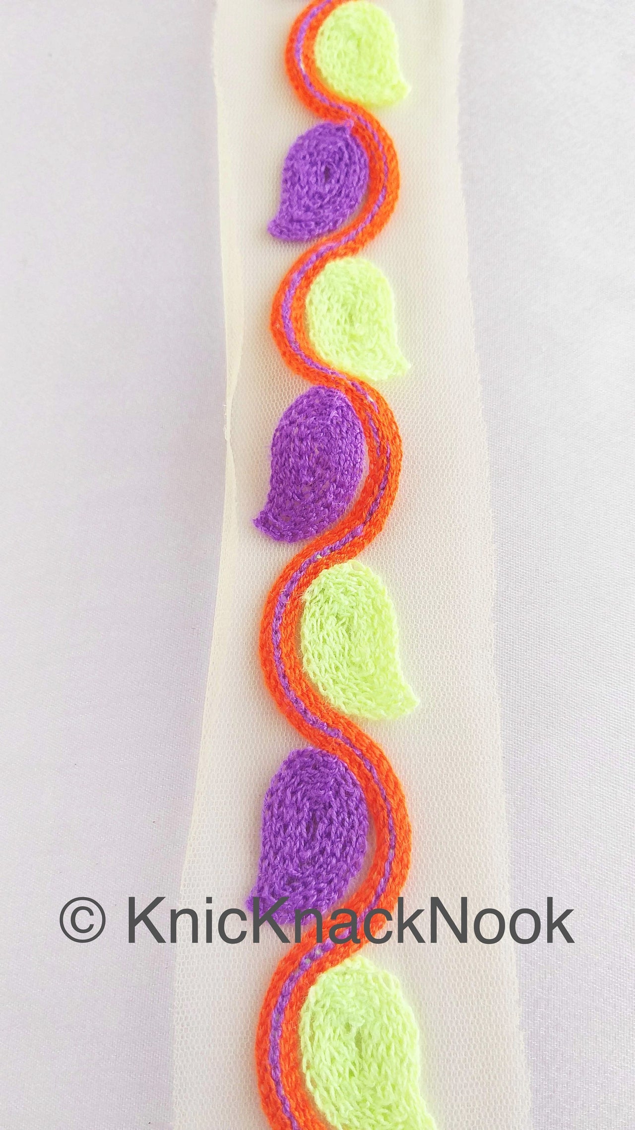 Wholesale Beige Net With Green, Purple And Orange Embroidery, Leaves Pattern Trim