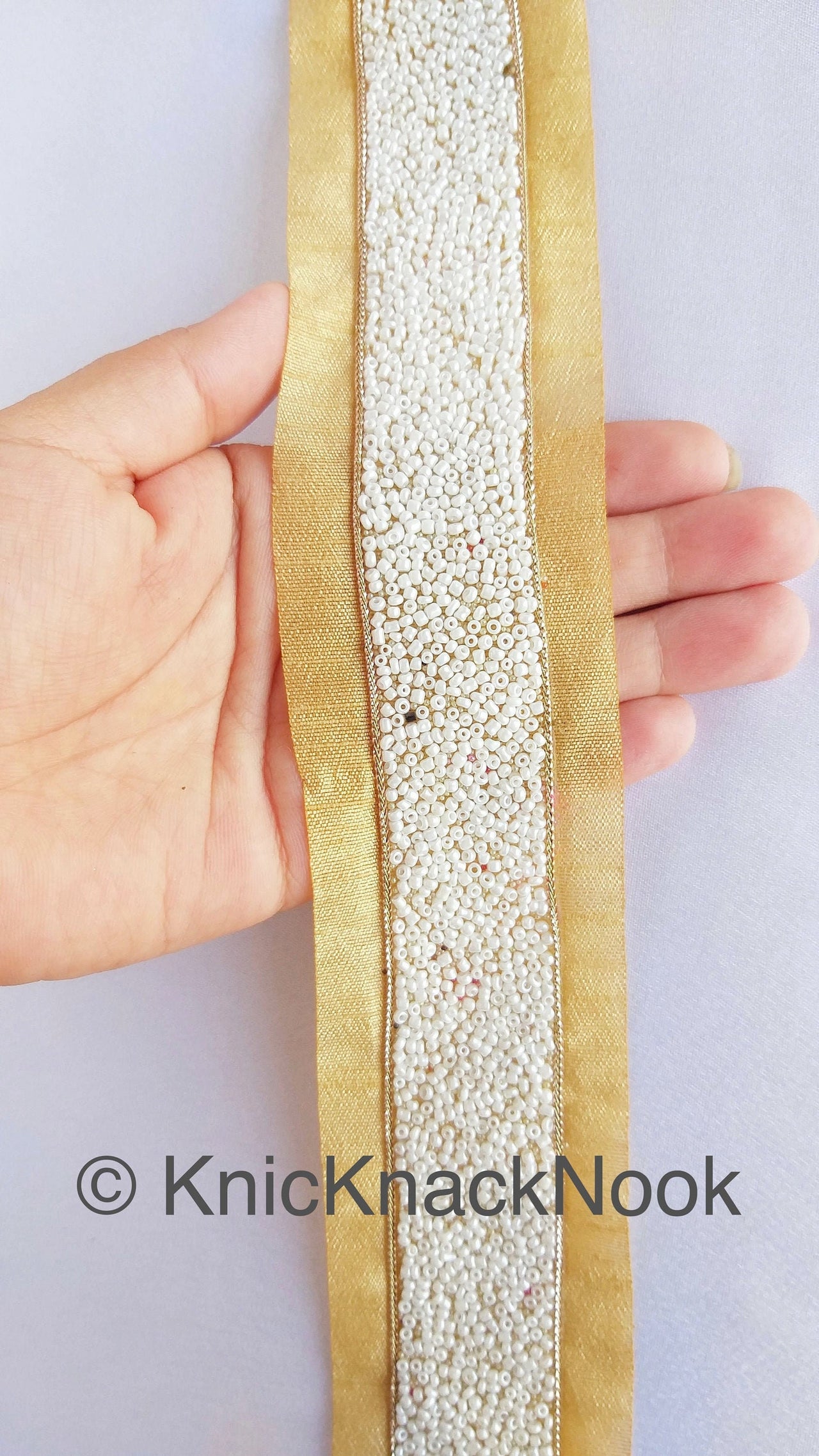 Beige Fabric Trim With White Seed Beads Embellishments, Beaded Trim,