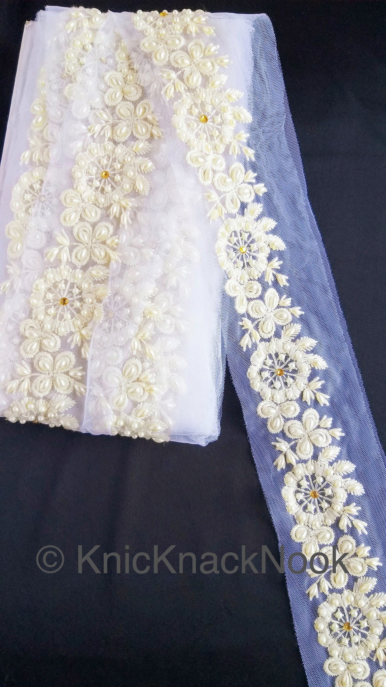 White Pearl And Rhinestones Beads Net Lace Trim, Floral Trim, One Yard