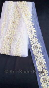 Thumbnail for White Pearl And Rhinestones Beads Net Lace Trim, Floral Trim, One Yard