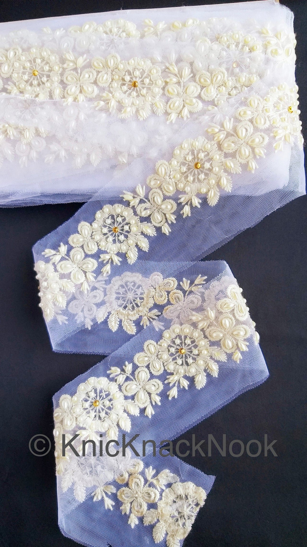 White Pearl And Rhinestones Beads Net Lace Trim, Floral Trim, One Yard