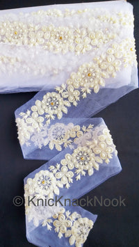 Thumbnail for White Pearl And Rhinestones Beads Net Lace Trim, Floral Trim, One Yard