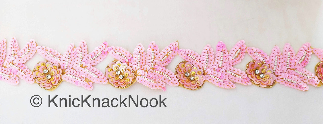 Pink And Gold Sequins Trim With Diamante Beads, Floral Trims, Trimming