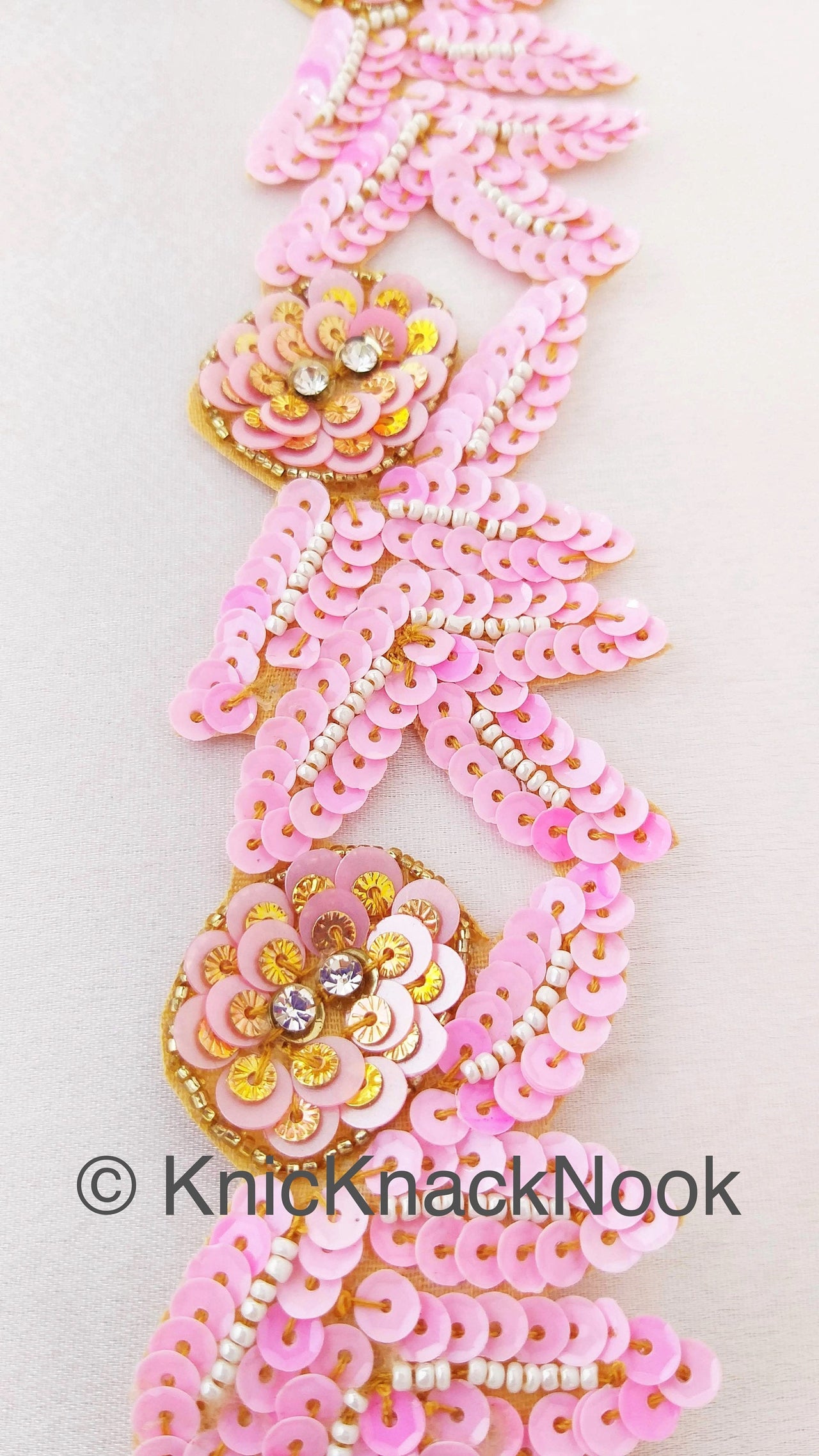 Pink And Gold Sequins Trim With Diamante Beads, Floral Trims, Trimming