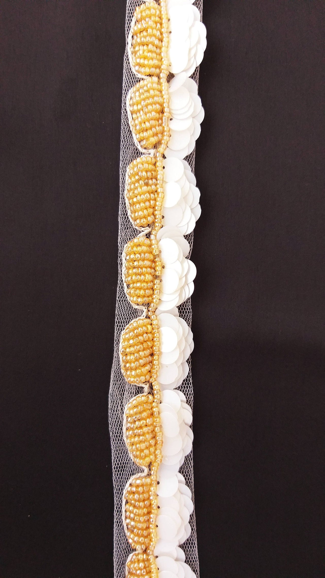 White Net Lace With Off White Sequins and Gold Beads, Scallop Trim, Exclusive Laces