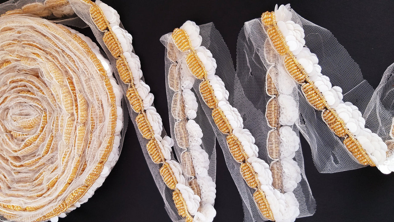 White Net Lace With Off White Sequins and Gold Beads, Scallop Trim, Exclusive Laces