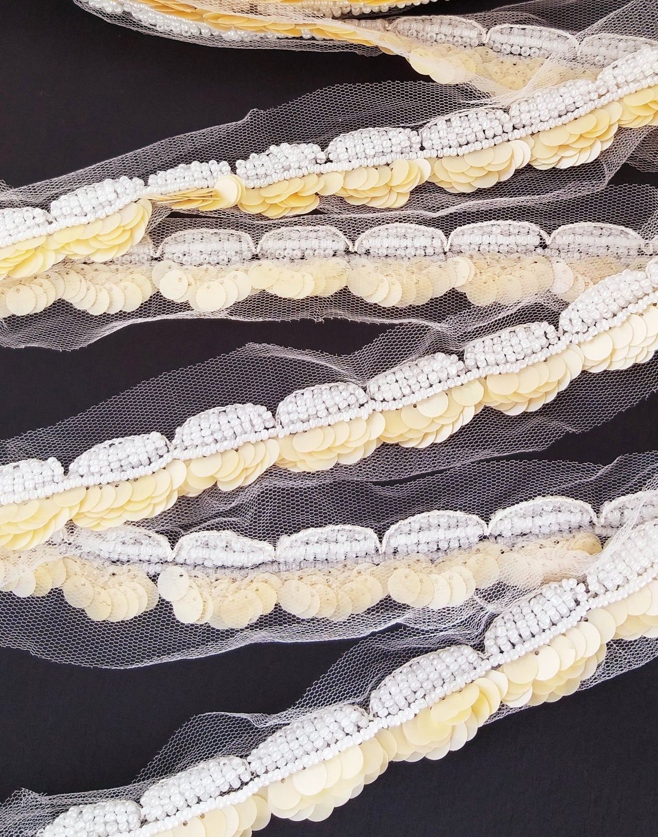 White Net Lace With Beige Sequins and Off White Beads, Scallop Trim, Exclusive Laces