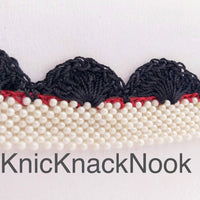 Thumbnail for Fuchsia Pink / Black Crochet Trim With Off White Pearls, Scallop Trimming, Approx. 30mm wide