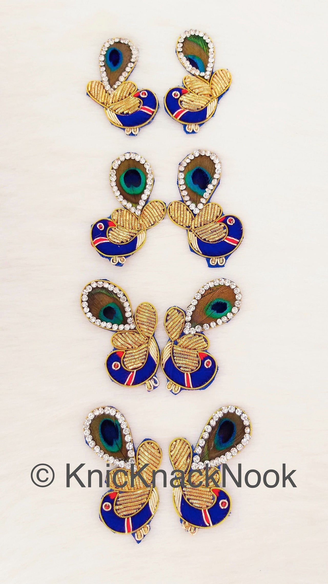 Hand Embroidered Peacock Applique In Blue, Red and Gold Embroidery With Peacock Feather And Rhinestone Beads, Zardozi Work