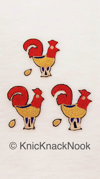 Thumbnail for Hand Embroidered Hen With Egg Applique In Red And Gold Zardozi Threadwork, Bird Motif, Indian Embellishment
