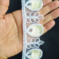 Thumbnail for White Tissue Fabric Cutwork Embroidered Lace Trim With White and Off White Embroidery, Approx. 40mm Wide, One yard Lace