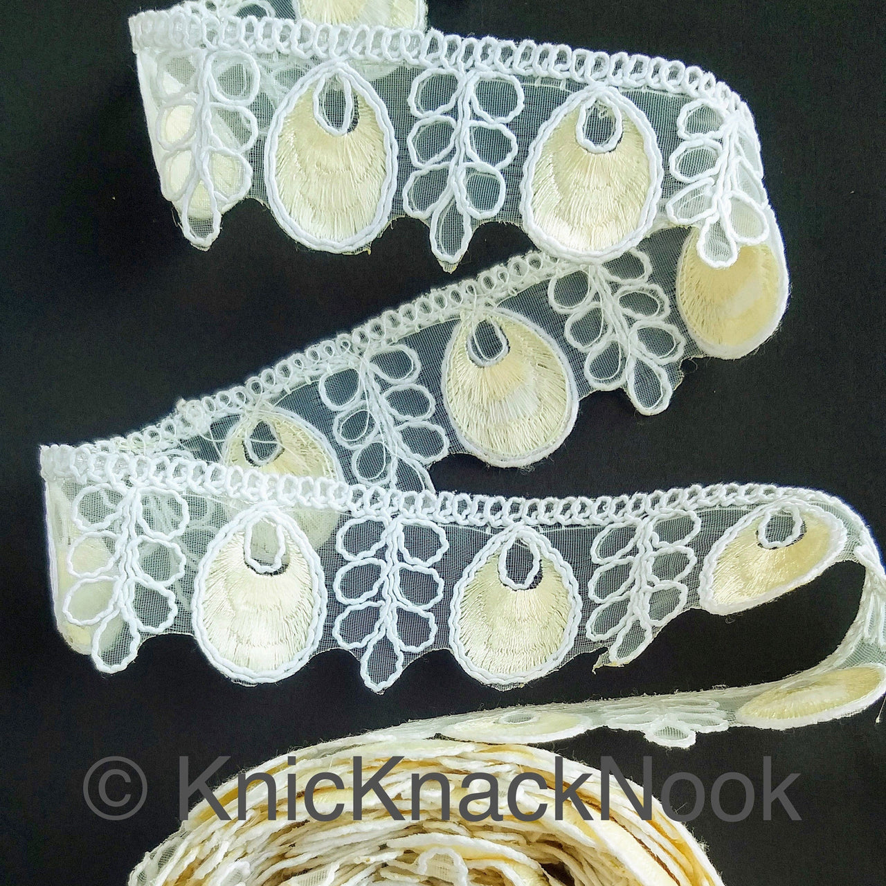 White Tissue Fabric Cutwork Embroidered Lace Trim With White and Off White Embroidery, Approx. 40mm Wide, One yard Lace