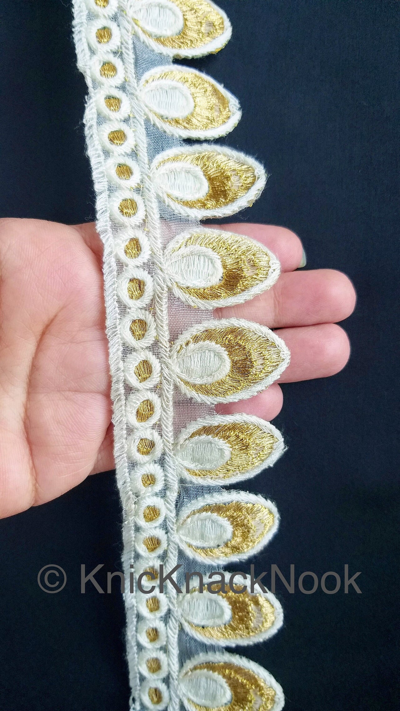 Off White Tissue Fabric Cutwork Embroidered Lace Trim With Off White / Brown and Gold Embroidery, Approx. 45mm Wide, One yard Lace