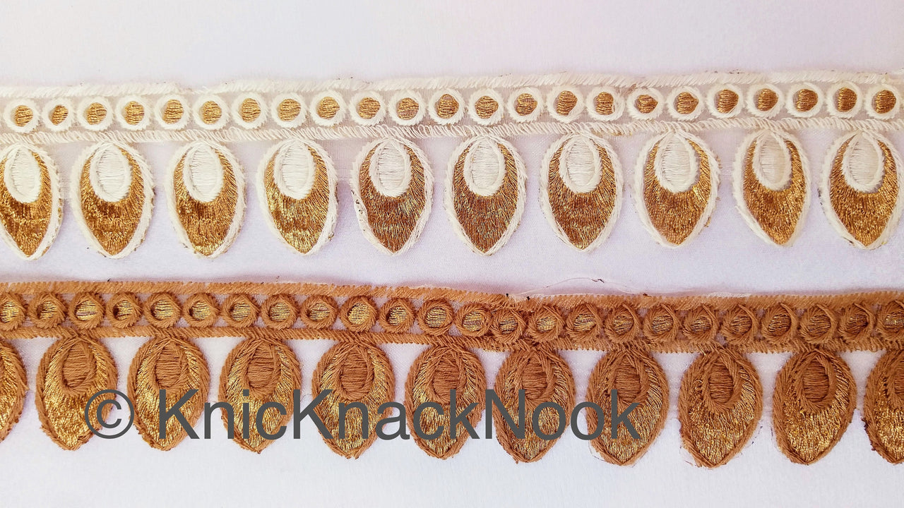 Off White Tissue Fabric Cutwork Embroidered Lace Trim With Off White / Brown and Gold Embroidery, Approx. 45mm Wide, One yard Lace