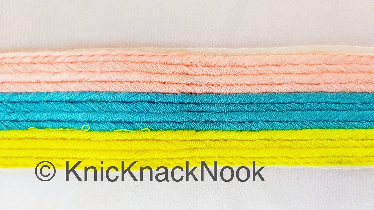 Pink, Blue And Yellow Thread Stripes Trim, Cotton Embroidered Trim