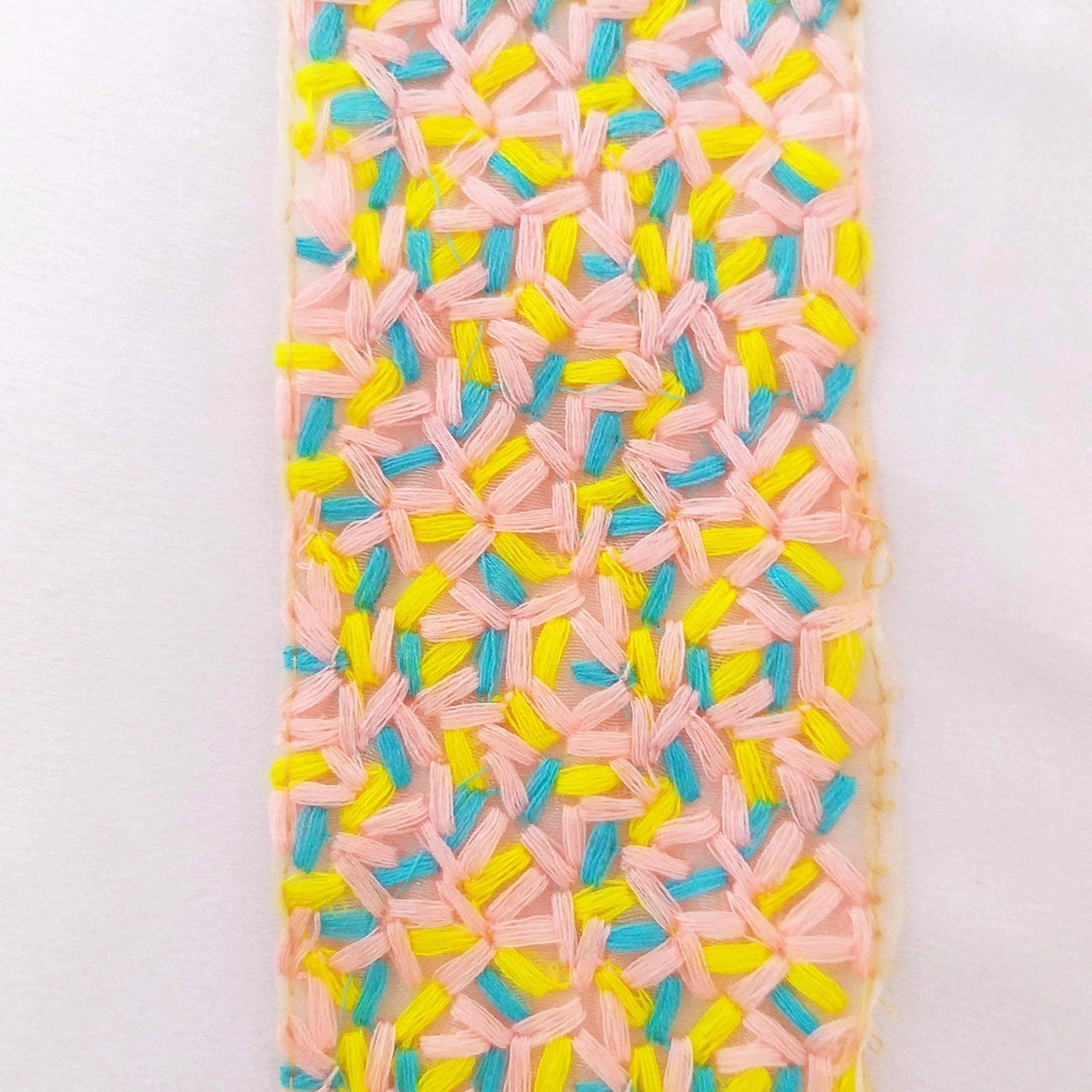 Beige Sheer Tissue Fabric Trim With Cotton Thread Embroidery In Pink, Yellow And Blue, Fabric Lace
