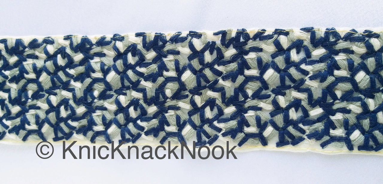 Beige Sheer Tissue Fabric Trim With Cotton Thread Embroidery In Blue, Grey And Off White, Fabric Lace