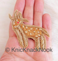 Thumbnail for Hand Embroidered Deer Applique In Gold, Beige And Red Zardozi Threadwork, Animal Motif
