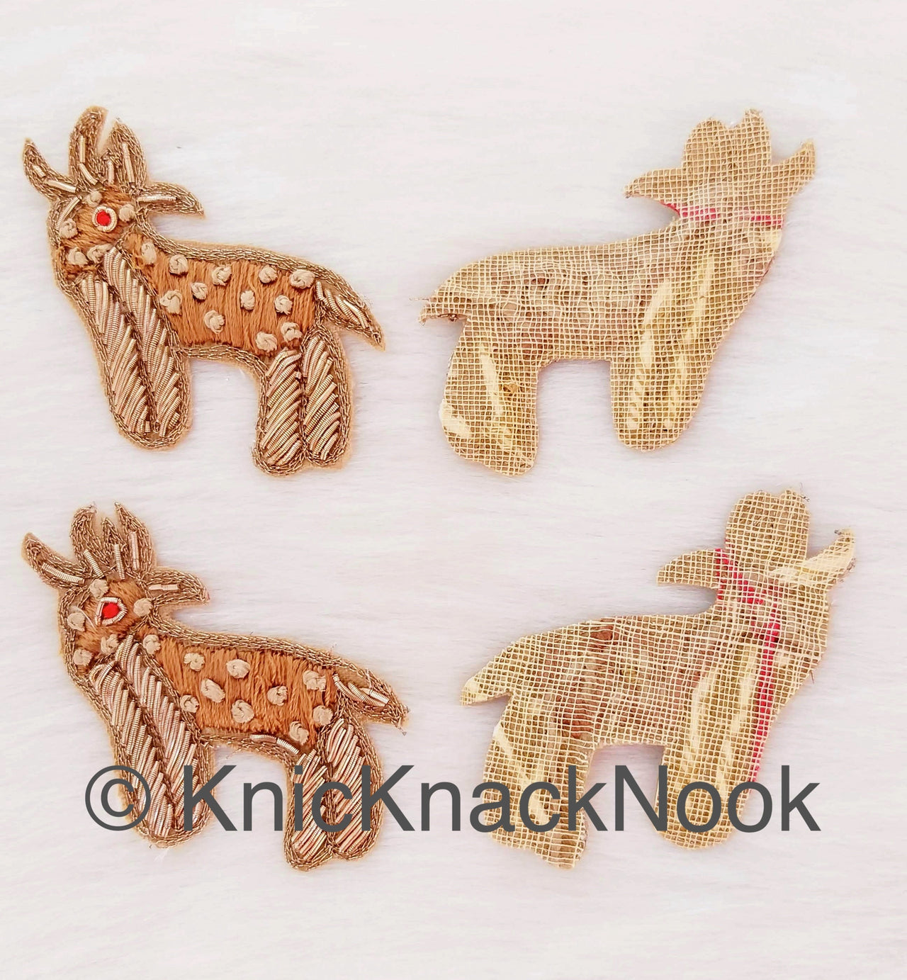 Hand Embroidered Deer Applique In Gold, Beige And Red Zardozi Threadwork, Animal Motif