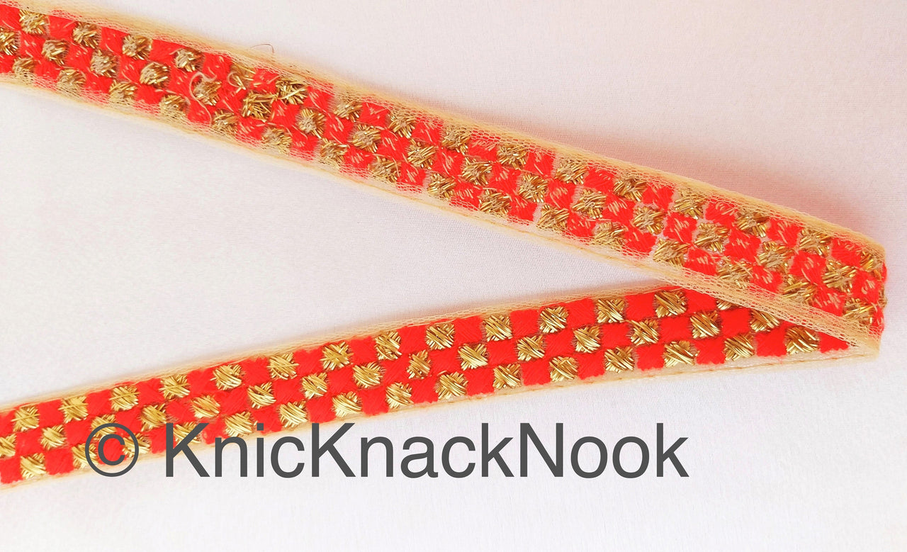 Beige Net Lace Trim With Beautiful Brown / Red And Gold Embroidery, Approx. 20mm wide