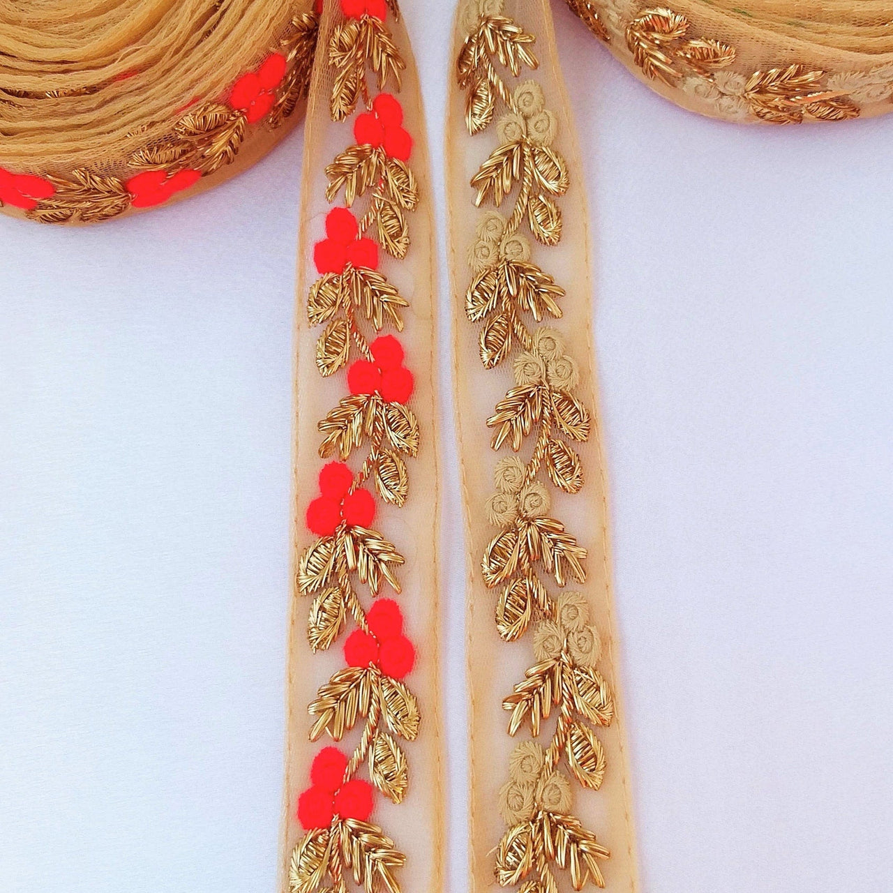 Beige Net Lace Trim With Beautiful Red / Beige And Gold Floral Embroidery, Embroidered Lace, Approx. 30mm wide