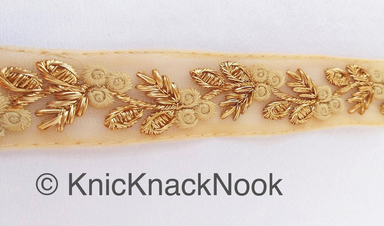 Beige Net Lace Trim With Beautiful Red / Beige And Gold Floral Embroidery, Embroidered Lace, Approx. 30mm wide