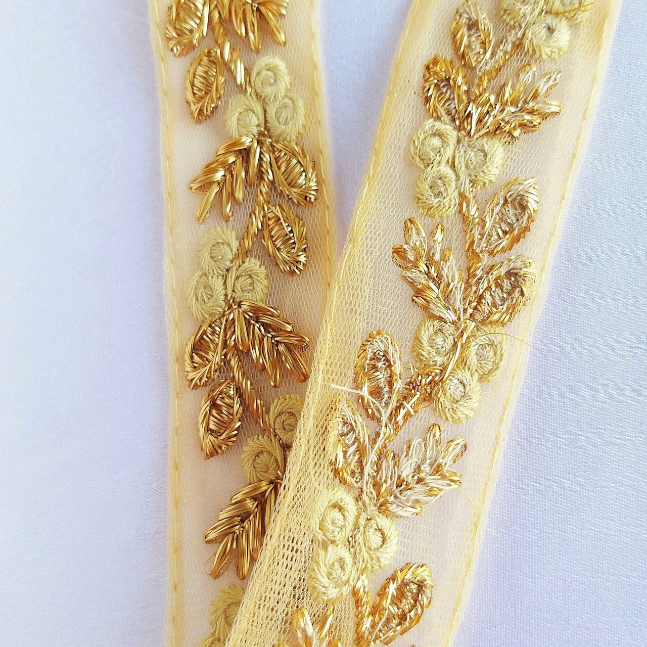 Beige Net Lace Trim With Beautiful Red / Beige And Gold Floral Embroidery, Embroidered Lace, Approx. 30mm wide