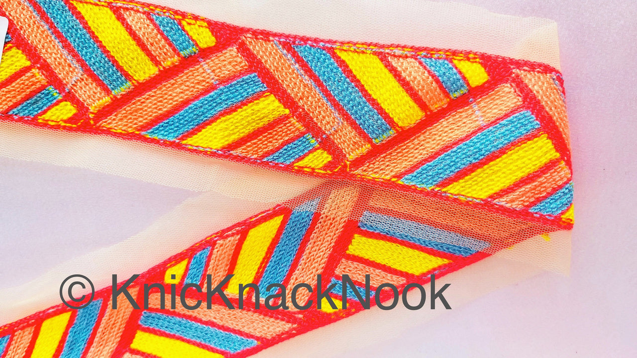 Beige Net With Coral Pink, Blue, Yellow And Red Embroidery