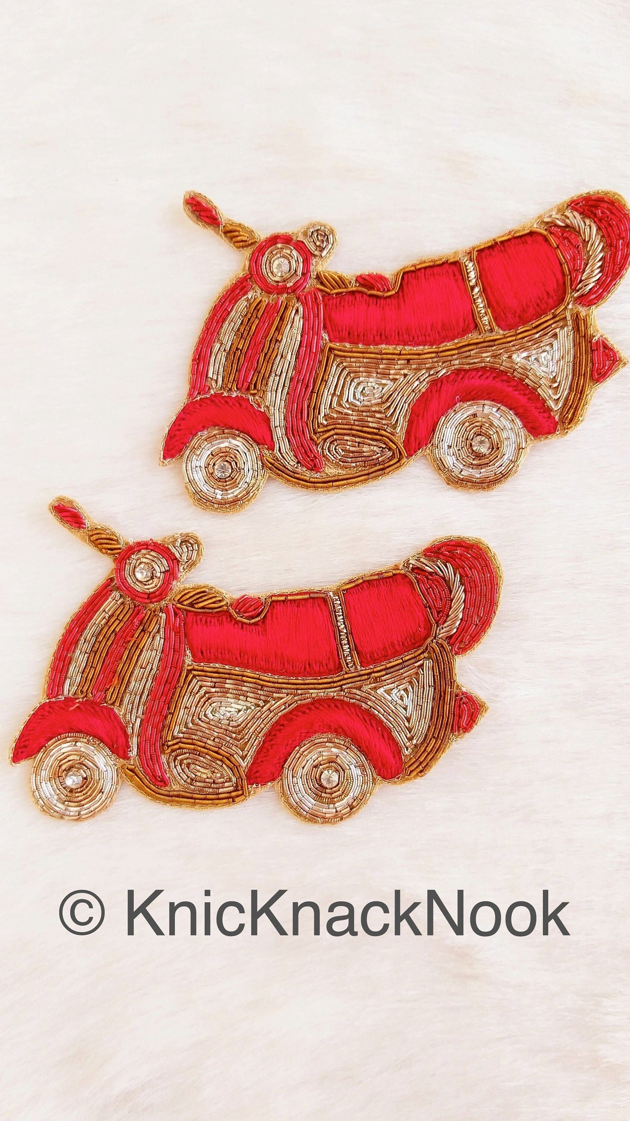 Hand Embroidered Motor Scooter Applique In Red, Gold And Silver Zardozi Threadwork, Motorcycle Motif