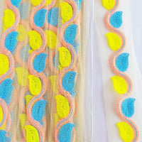 Thumbnail for Beige Net With Yellow, Blue And Orange Embroidery, Leaves Pattern Trim
