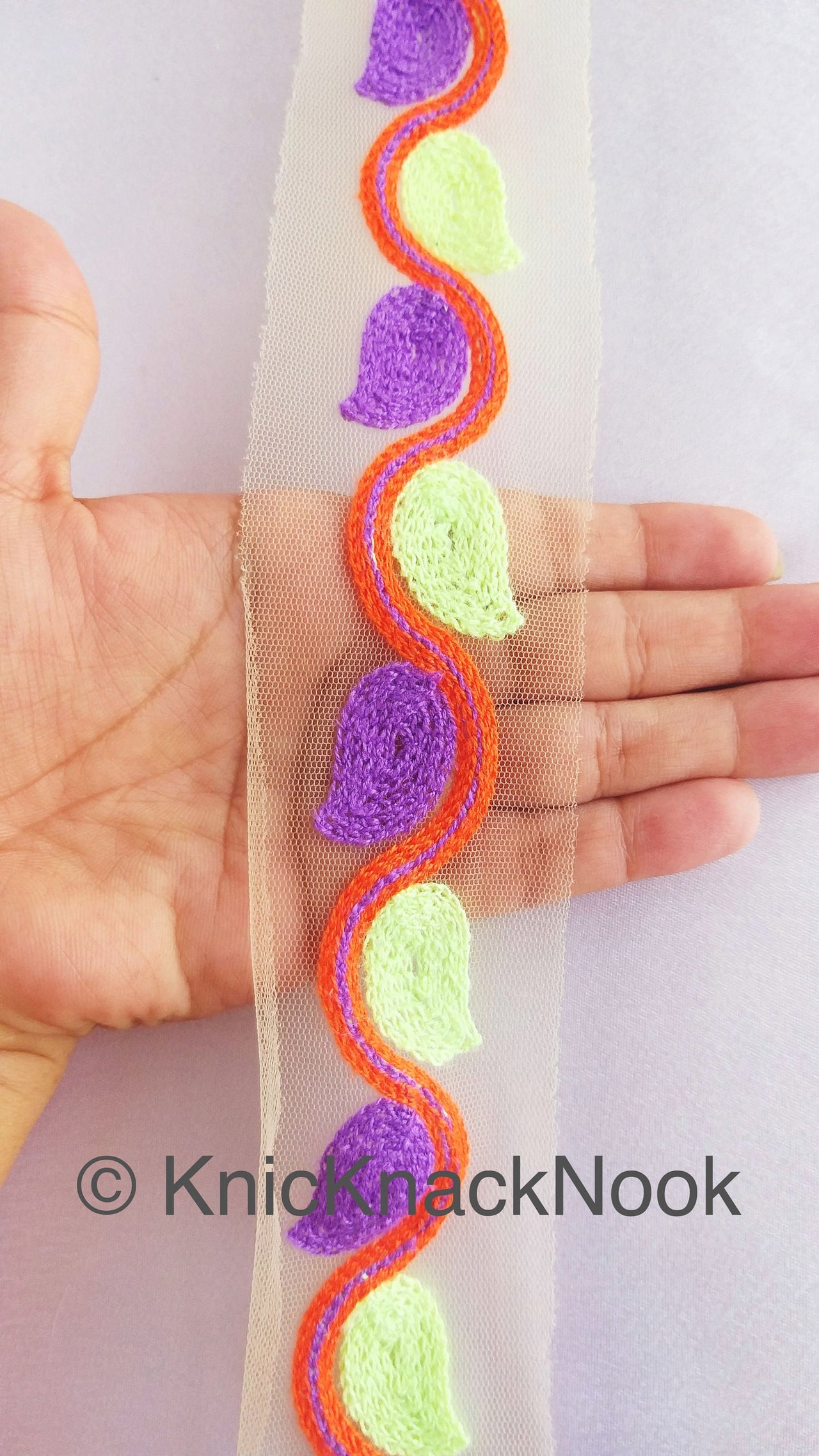 Wholesale Beige Net With Green, Purple And Orange Embroidery, Leaves Pattern Trim