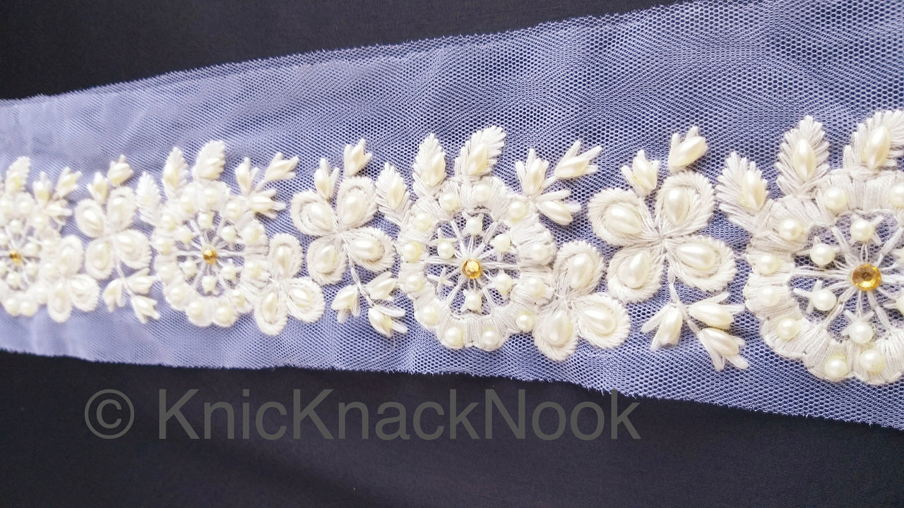 White Pearl And Rhinestones Beads Net Lace Trim, Floral Trim, One Yard
