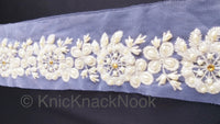 Thumbnail for White Pearl And Rhinestones Beads Net Lace Trim, Floral Trim, One Yard