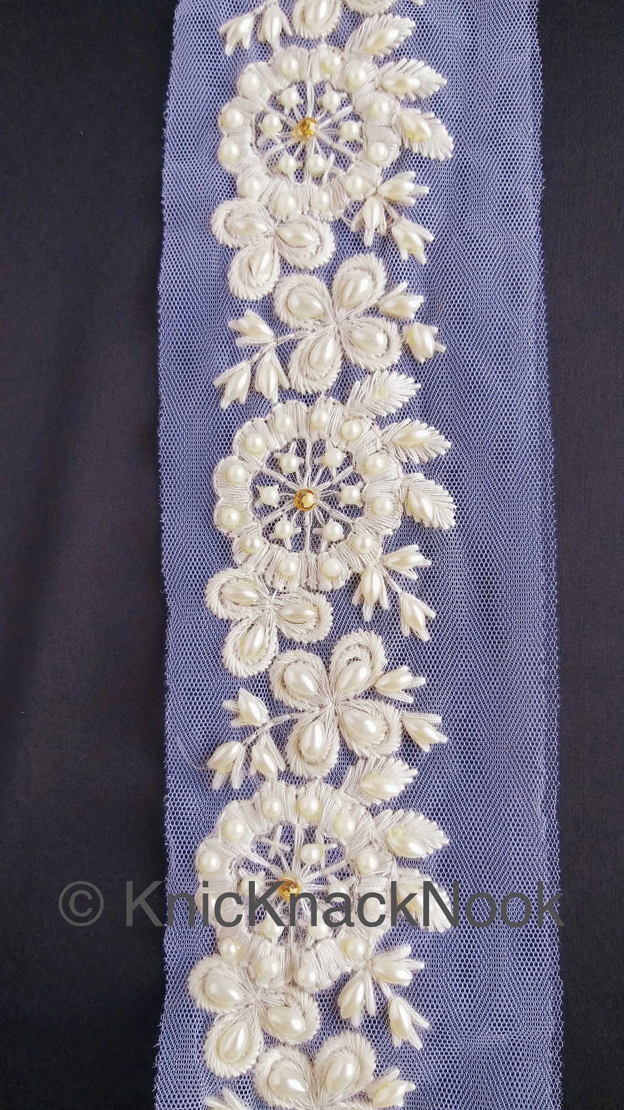 White Pearl And Rhinestones Beads Net Lace Trim, Floral Trim, One Yard